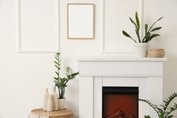 Fireplace and houseplants near white wall in room, closeup