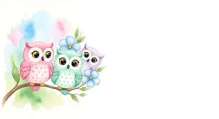 Fototapeta premium Charming watercolor owls perched on a branch with colorful flowers and a dreamy background, perfect for children's illustrations and nursery decor projects