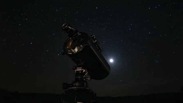 Recording telescope tube on mount holding steady as night falls, for observing Moon halo and stars