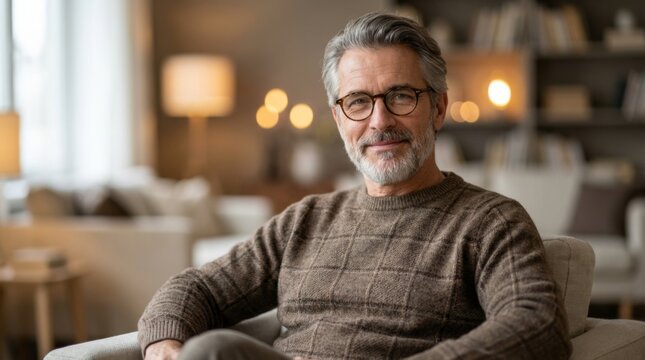 Confident middle-aged Caucasian man with glasses and gray hair, smiling in a softly lit modern living room, wearing a patterned sweater and relaxing in an armchair. - Powered by Adobe