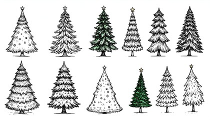 Collection of hand-drawn evergreen trees, some decorated, in various styles