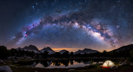 Fototapeta premium Stunning Milky Way over tranquil mountain lake with illuminated tent for adventure seekers under vibrant night sky, capturing nature's beauty and wonder