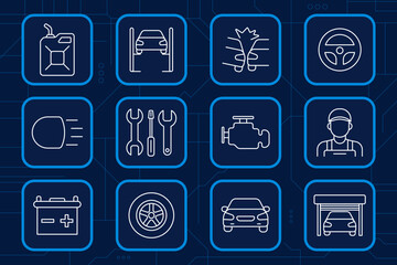 Car service and mechanic set icon. Engine, tire, wrench, battery, steering, oil, garage, car, mechanic, repair, headlight, maintenance, auto service tools.