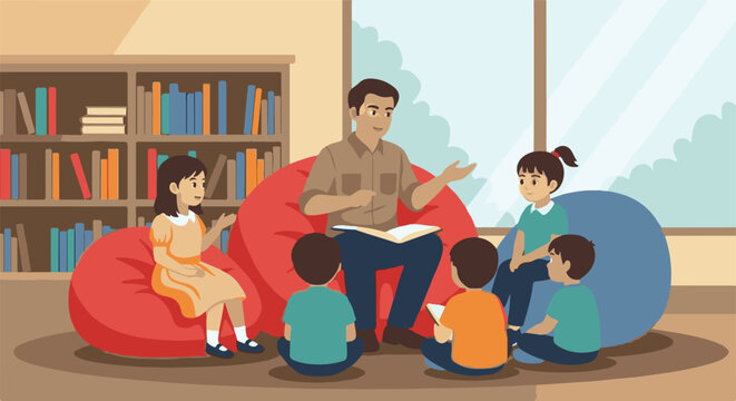 Engaging scene of a kind male educator captivating a diverse group of young students with an exciting storybook in a cozy reading corner of a modern library - Powered by Adobe