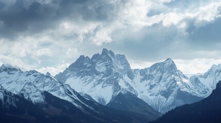 Majestic snow-capped peaks under a dramatic, cloudy winter sky, rugged terrain, hints of alpine trees, epic scale, symbolic of enduring strength. Generative AI