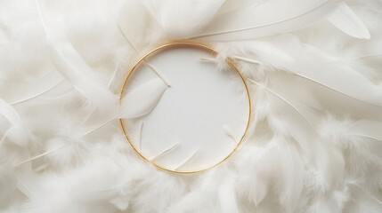 Elegant white soft feathers background with golden round frame for text