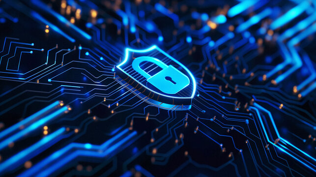 Cyber security concept with glowing blue shield and padlock icon