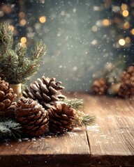 Cozy realistic holiday table scene with pine cones ornaments light snowfall overlay and wide blank surface on top for message placement