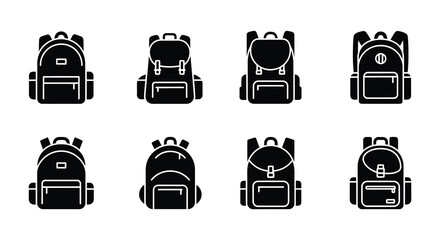 Various black silhouette icons depicting different styles of backpacks arranged in rows