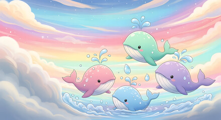 Adorable cartoon whales splashing cheerfully in pastel rainbow skies, perfect for children's books and whimsical designs, creating a sense of wonder and joy