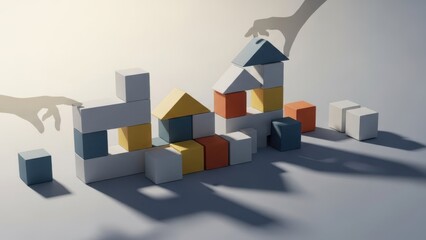Building blocks construction with shadow hands creating a structure