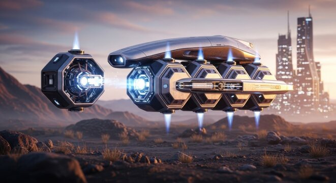 Futuristic hovercrafts flying over a barren landscape towards city - Powered by Adobe