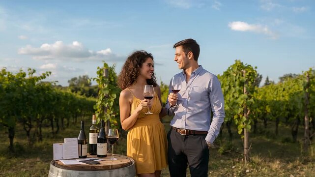 Raising glass couple wearing yellow dress and blue shirt sipping wine by barrel at vineyard tasting
