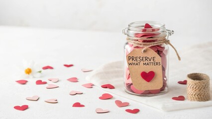 Heart-shaped paper cutouts in jar labeled "Preserve What Matters" on light background with soft decor and scattered hearts