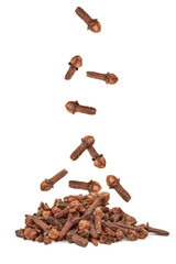 A pile of falling cloves, an aromatic spice, isolated on a transparent background.