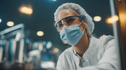 A beautiful female packaging engineer assesses the sealing integrity of packaging in a food processing plant during an early morning run, showcasing attention to detail and professionalism in a manufa