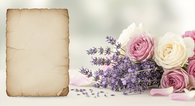 Elegant lavender and rose floral arrangement with vintage paper for heartfelt greetings or invitations, perfect for weddings or special occasions - Powered by Adobe