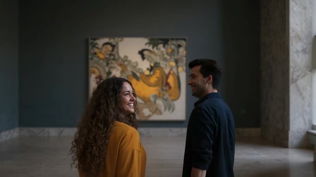 Walking couple in gallery approaching painting drawing them forward, woman in mustard coat smiling