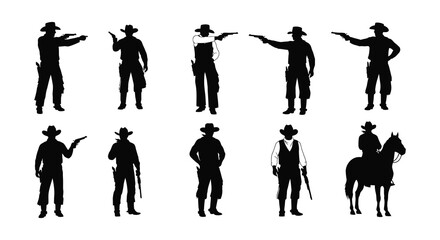 Silhouettes of cowboys in various poses including riding a horse