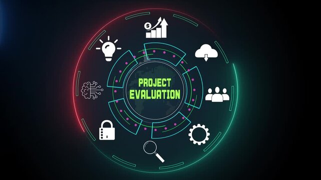 Comprehensive project evaluation and performance metrics analysis for strategic quality assurance and success assessment animation