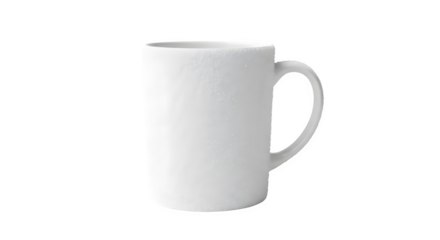 Tall white ceramic mug with handle for coffee or tea isolated on transparent background