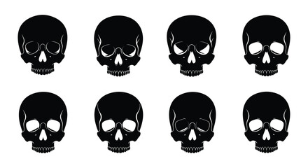 Eight black skull silhouettes arranged in a grid pattern on a white background