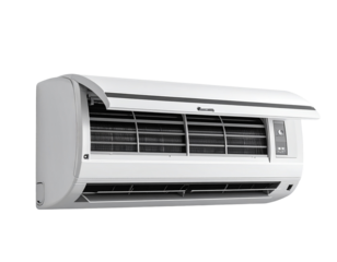  Wide Three-Quarter View of Split AC With Tilted Front Panel and Exposed Vents, Isolated 
