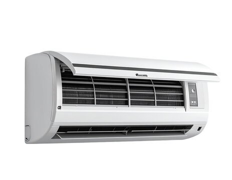  Wide Three-Quarter View of Split AC With Tilted Front Panel and Exposed Vents, Isolated 