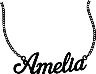 Black Script Name Necklace Pendant ' Amelia' on White Background Keywords: amelia, name, necklace, pendant, jewelry, script, font, lettering, personalized, custom
