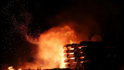 Realistic fire background with bonfire fog concept. The image captures a vivid bonfire with sparks and smoke against a dark backdrop.