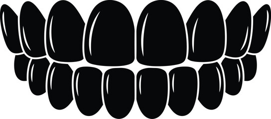 Black silhouette of a full set of human teeth, upper and lower jaw, on a white background mouth dental