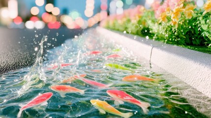 Koi Fish Swimming in Street Water with Flowers