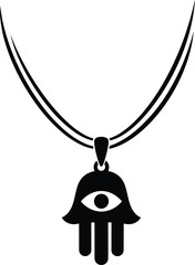 Black silhouette of a Hamsa hand pendant with an eye on a necklace chain on a white background