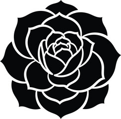 Black Silhouette of a Succulent Plant with Layered Petals on White Background flower