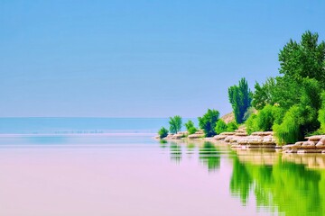 Lakeshore with Trees Reflected in Water