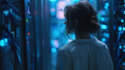Beautiful female programmer standing in a server room, blue LED lights blinking, checking cables. - Powered by Adobe