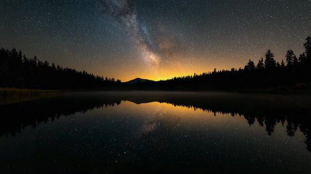 Showing central mountain peak with Milky Way reflecting on lake at night, predawn glow rising