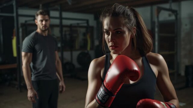 Drill starting female boxer practicing jab cross combo at gym, wearing black tank with red gloves