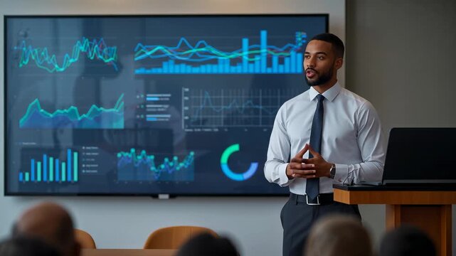 Starting talk, speaker in white shirt dark tie explaining charts on screen in conference room