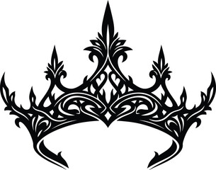 Ornate Black Silhouette of a Regal Crown with Intricate Filigree on White Background royal king