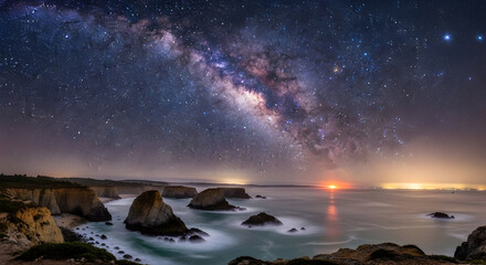 Spectacular milky way over ocean rocks landscape, ideal for travel blogs, astronomy websites, or as an inspirational backdrop for creative projects
