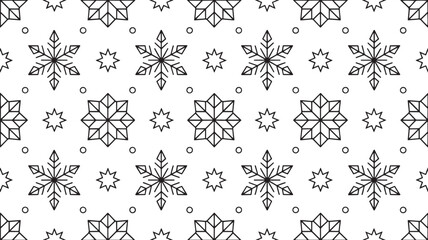 A seamless black and white pattern featuring various intricate snowflake outlines