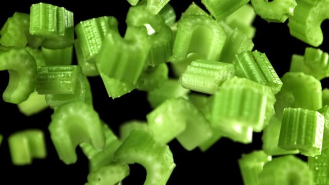 Sliced pieces of celery rise and fall on a black background. Filmed on a high-speed camera at 1000 fps. High quality FullHD footage