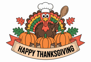 Happy Thanksgiving Turkey Chef with Pumpkins and Fall Leaves Design