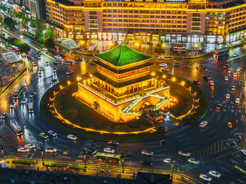 Aerial night view of Datang Everbright City in Xi&rsquo;an, China with illuminated streets