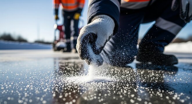 Worker in winter clothing spreads de-icing salt on icy road to improve traction and safety during cold weather conditions.