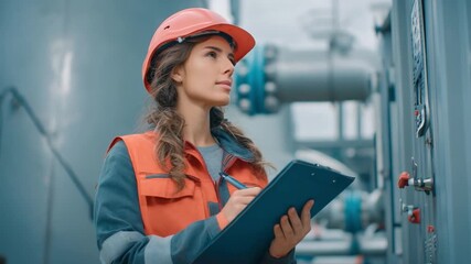 A beautiful female safety inspector checks an emergency shower station with a clipboard in hand, surrounded by a chemical plant setting. Ideal for safety, industry, and environmental themes.