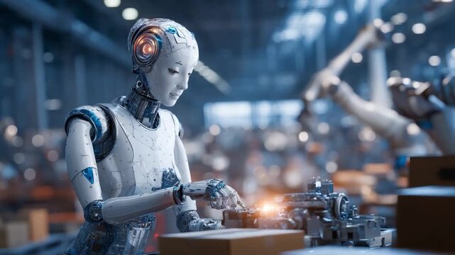 A beautiful female robotics programmer adjusts automated sensors inside an AI-powered factory at noon, showcasing the intersection of technology and human expertise.