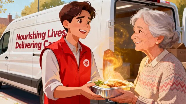 Van pulling up, red-vested worker handing steaming tray to senior at curb, van sign supporting care