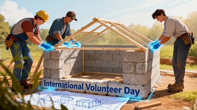 Plan spurring three men in boots lowering truss onto block walls for International Volunteer Day